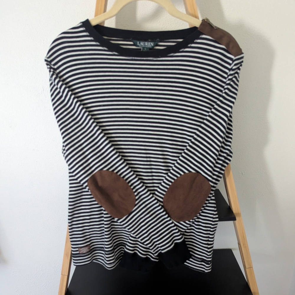 Ralph Lauren Navy White Stripe Long Sleeve Top with Brown Suede Details